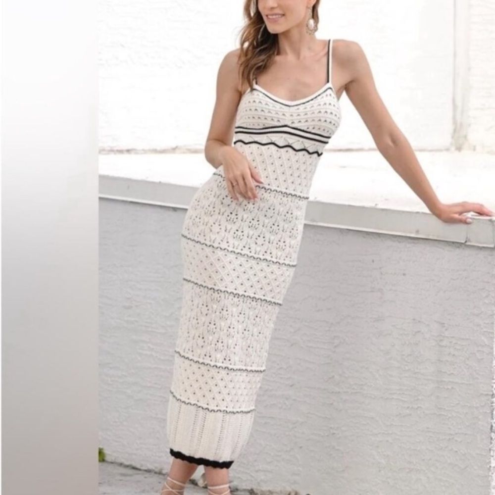 Olive + Oak Cream and Black Boho Crotchet Maxi Dress Lined XS